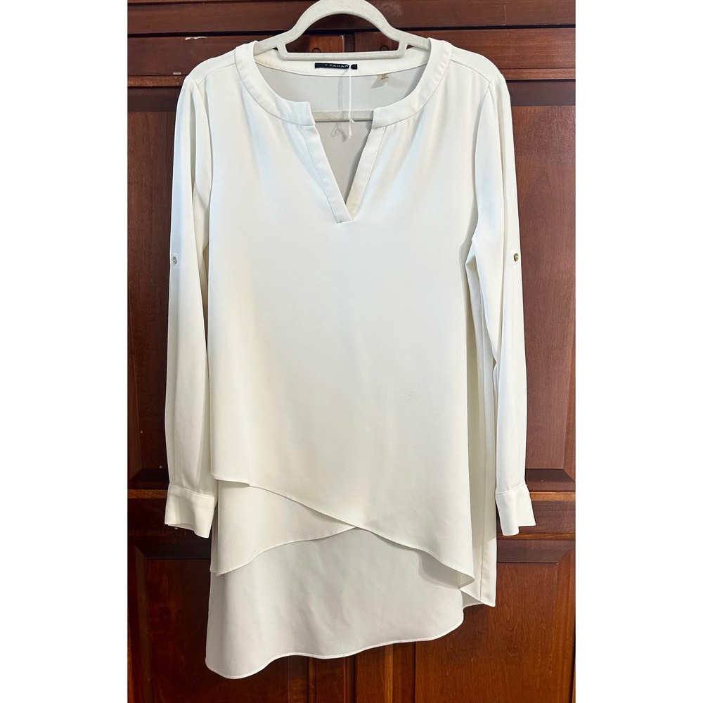 T Tahari Womens White Split Neck Asymmetric Layered Hem Roll Tab Tunic Blouse S